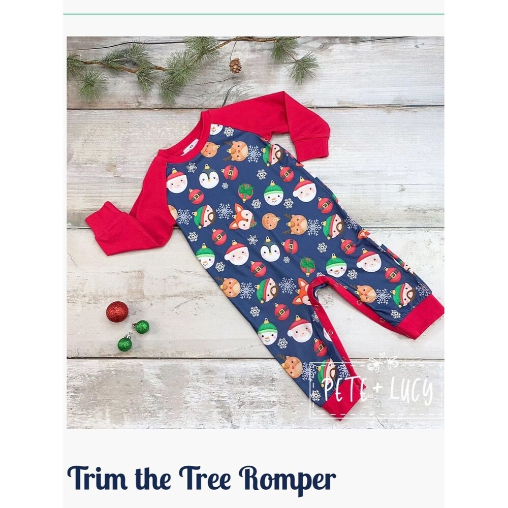 Pete + Lucy Trim The Tree Christmas Romper Pajamas Navy Red 12-18 Months